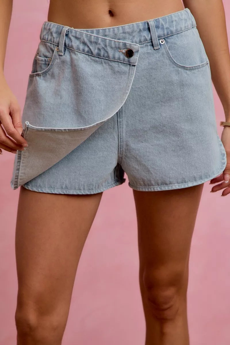 Wrap-front washed denim skort with pockets