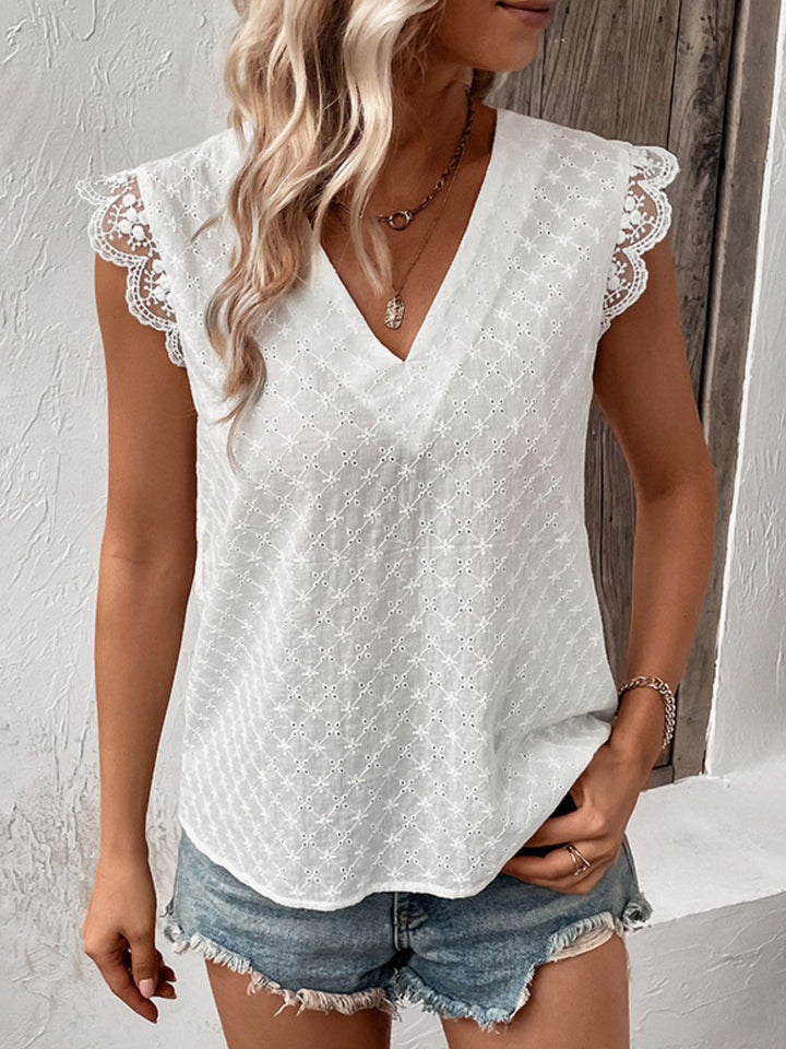 White Eyelet lace-trim cap sleeve V-neck blouse
