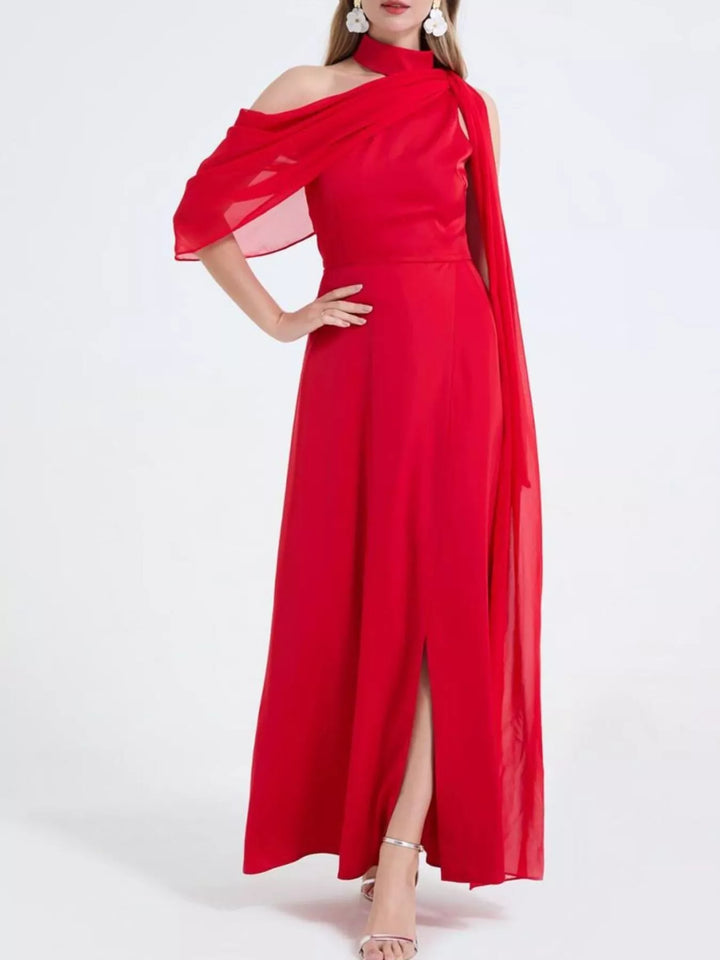 Asymmetric one-shoulder maxi dress with high thigh slit