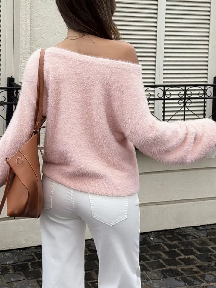 Fuzzy eyelash knit boat neck sweater with drop shoulders