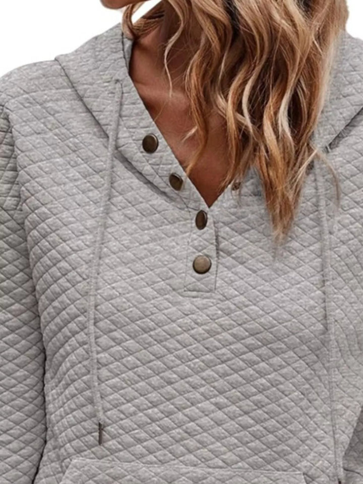 Diamond-textured drawstring pullover hoodie with button placket