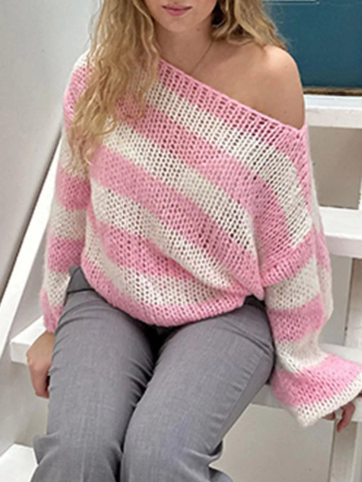 Pink Striped open-knit crew neck sweater with balloon sleeves