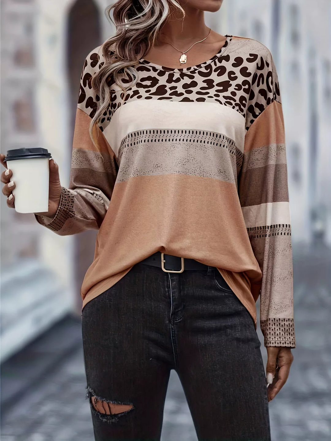 Leopard color block long sleeve knit top