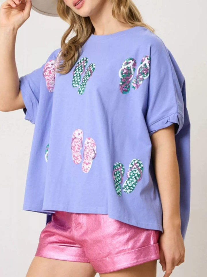 Blue Scattered sequin flip-flop graphic short sleeve tee