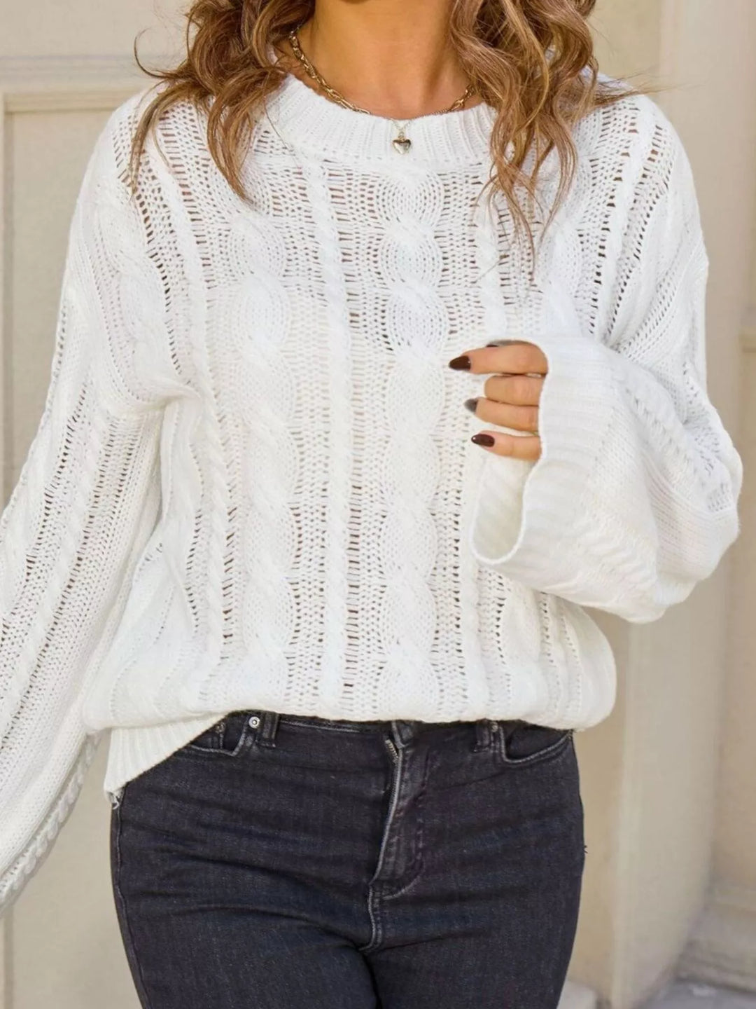 Openwork cable knit long sleeve crew neck sweater