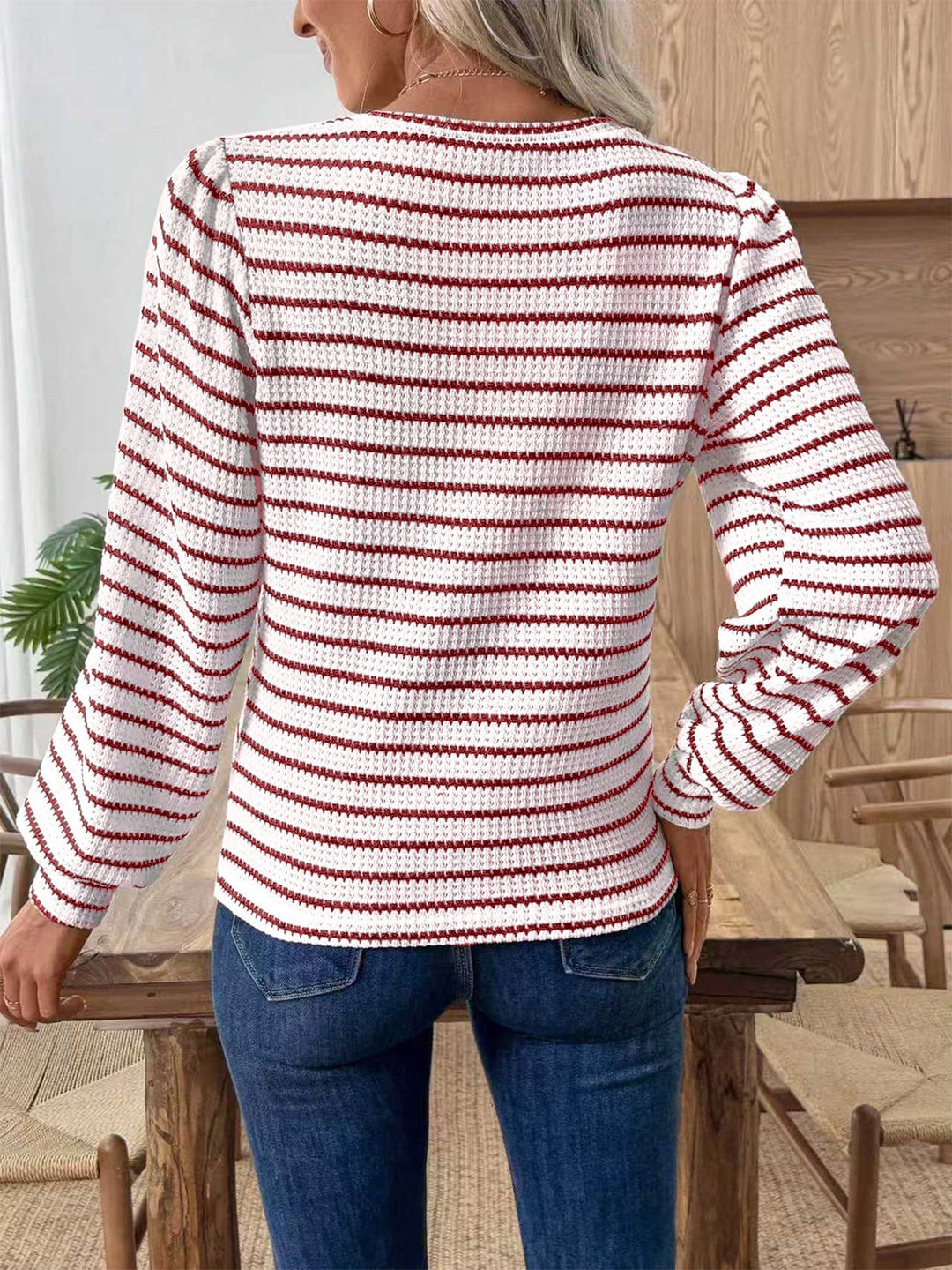 Striped textured knit long sleeve crew neck top
