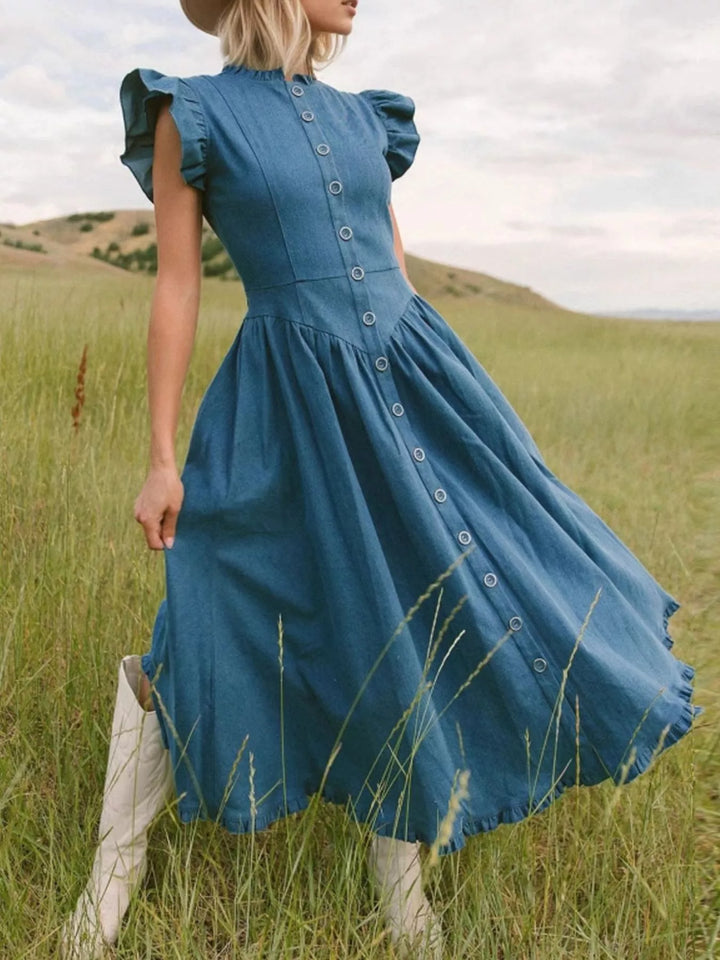 Navy Blue Ruffled cap sleeve button-front tiered denim midi dress