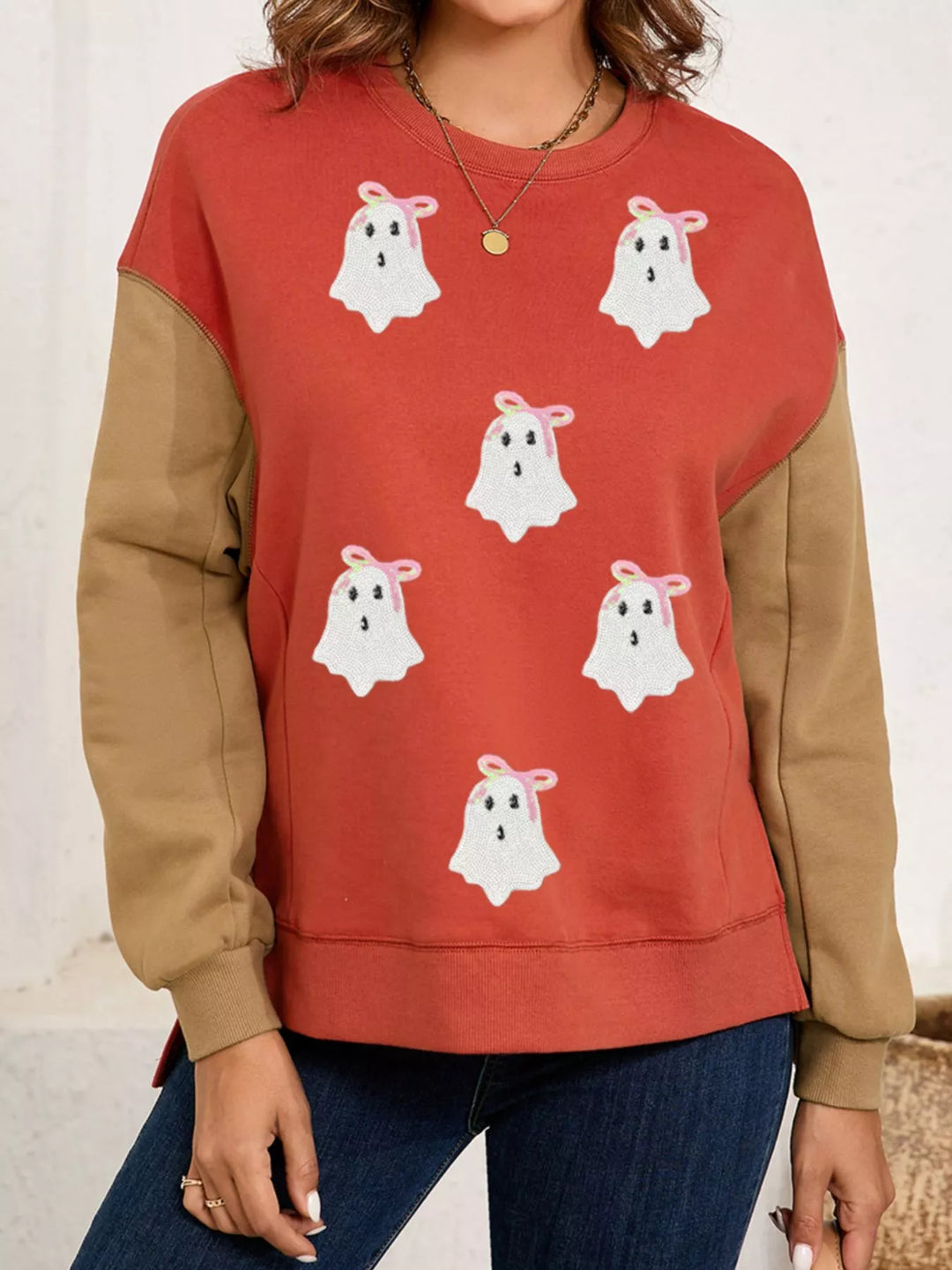 Sequin ghost patch color block crewneck sweatshirt