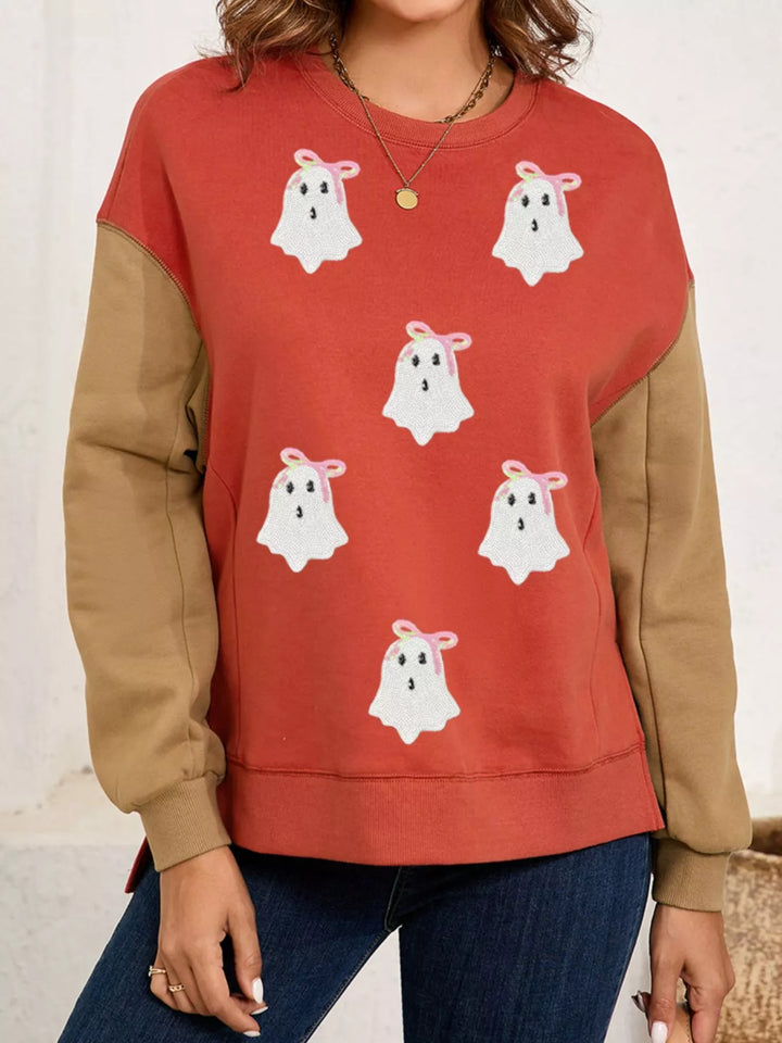 Sequin ghost patch color block crewneck sweatshirt