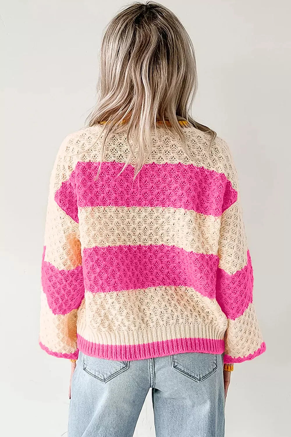 Textured knit colorblock stripe drop shoulder sweater