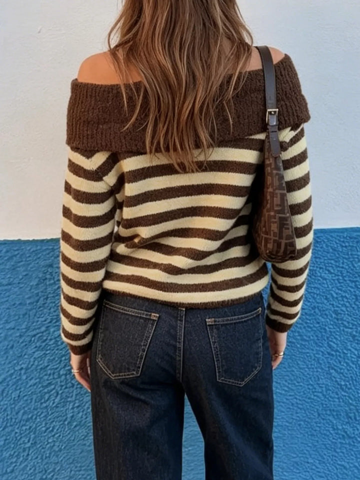 Striped off-shoulder knit sweater with foldover ribbed collar