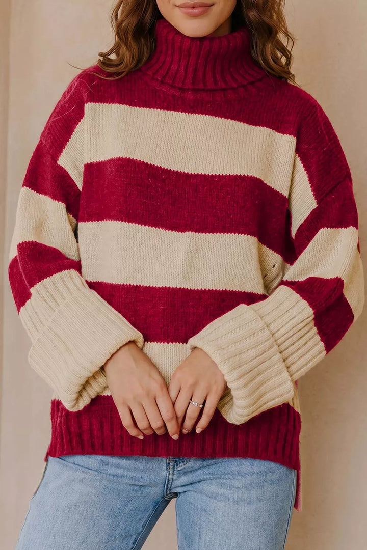 Striped turtleneck sweater with wide ribbed cuffs