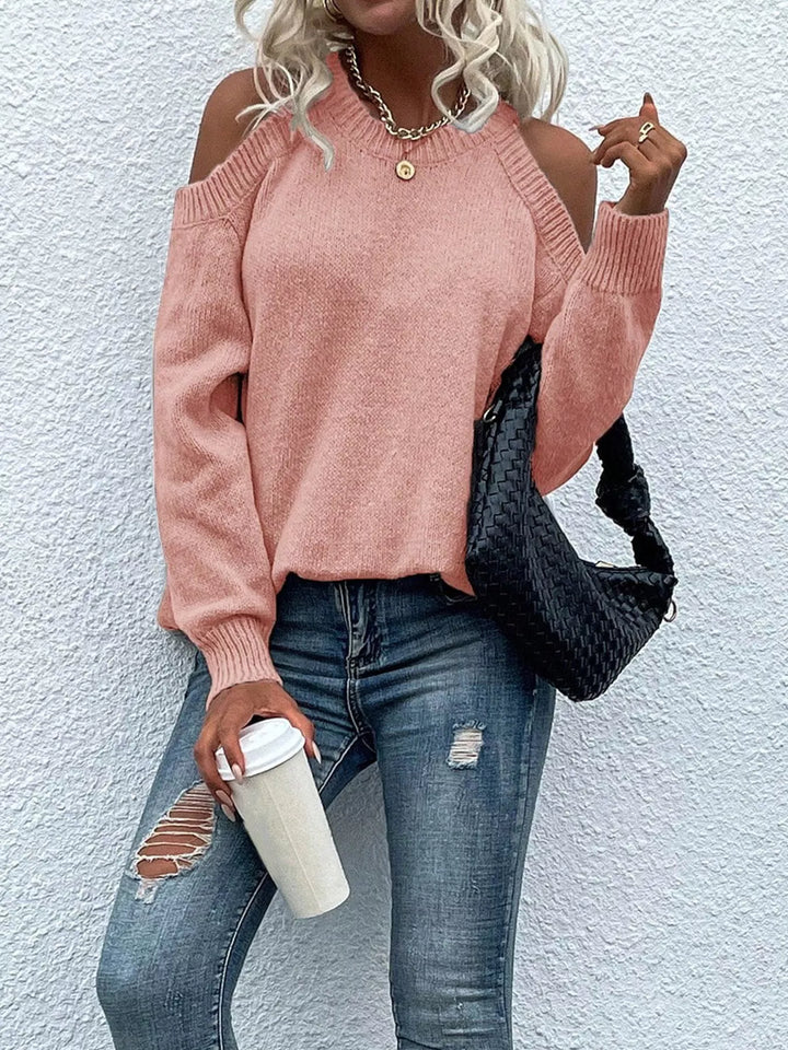 Pale Blush Cold shoulder ribbed knit crew neck sweater