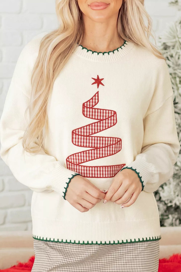 Cream Gingham ribbon tree applique blanket stitch knit sweater