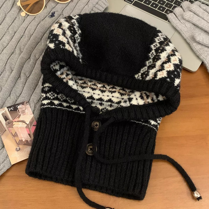 Black Fair isle knit balaclava hood with drawstring tie
