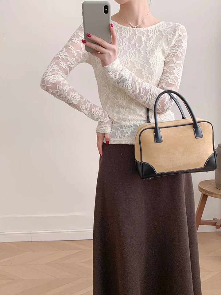 Sheer floral lace round neck long sleeve top