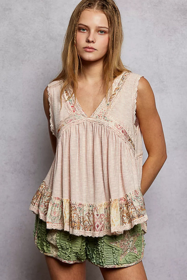 PALE PINK Lace-trim V-neck babydoll top with floral ruffle hem