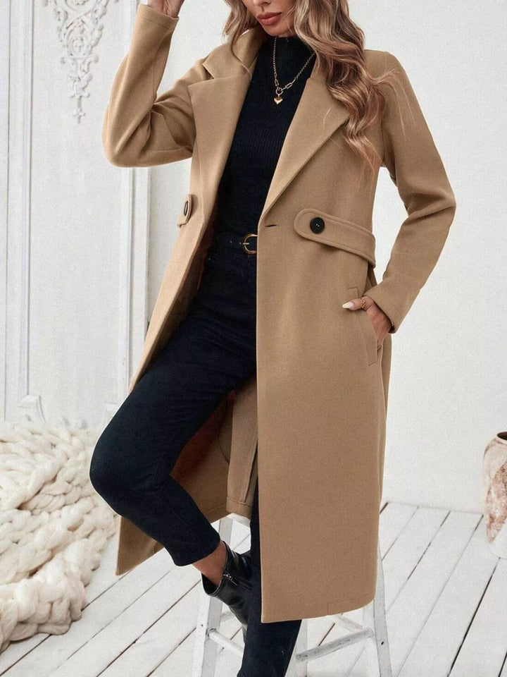 Notch lapel open-front longline coat with side pockets