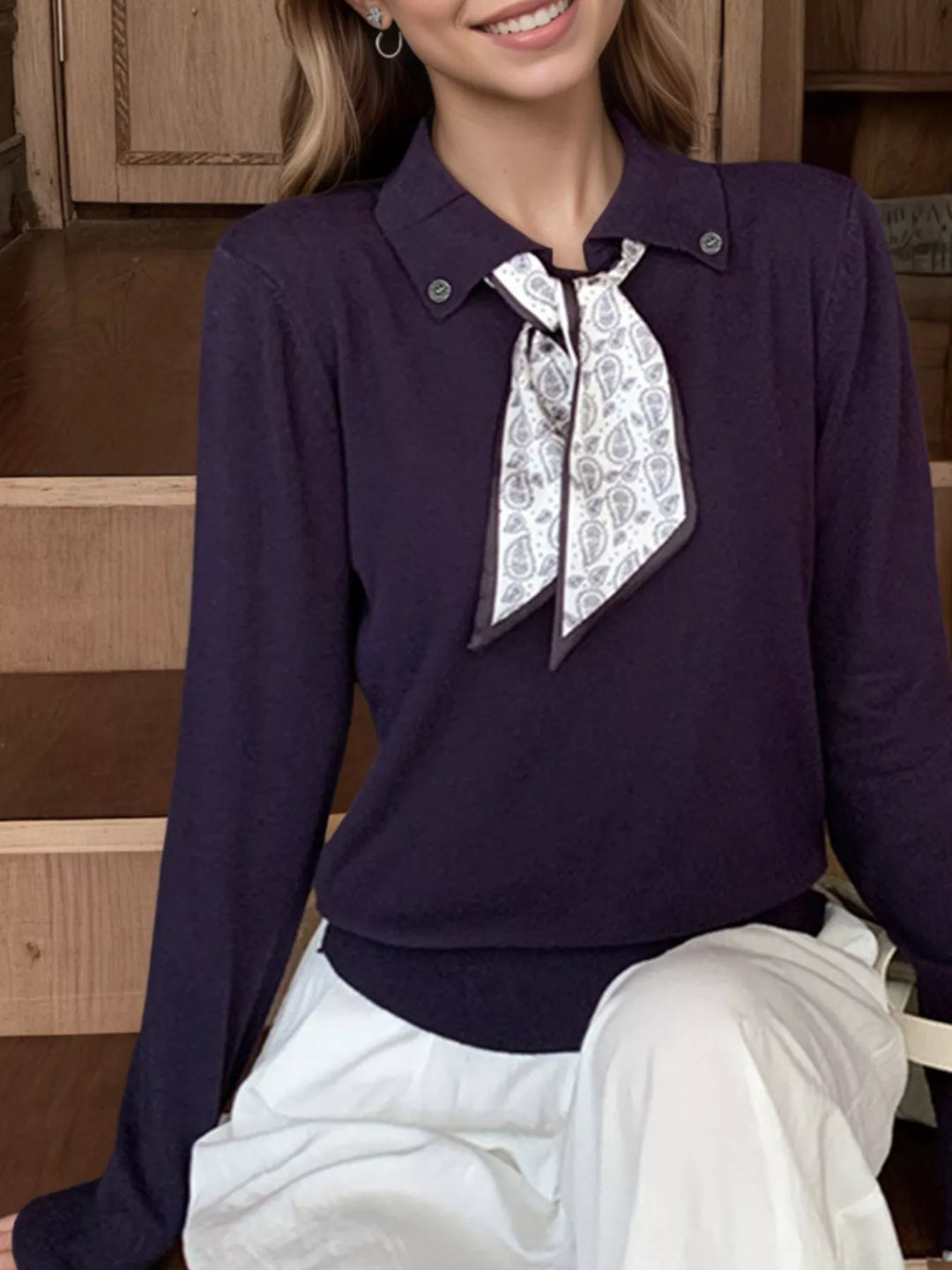 Scarf-tie collared long sleeve knit sweater