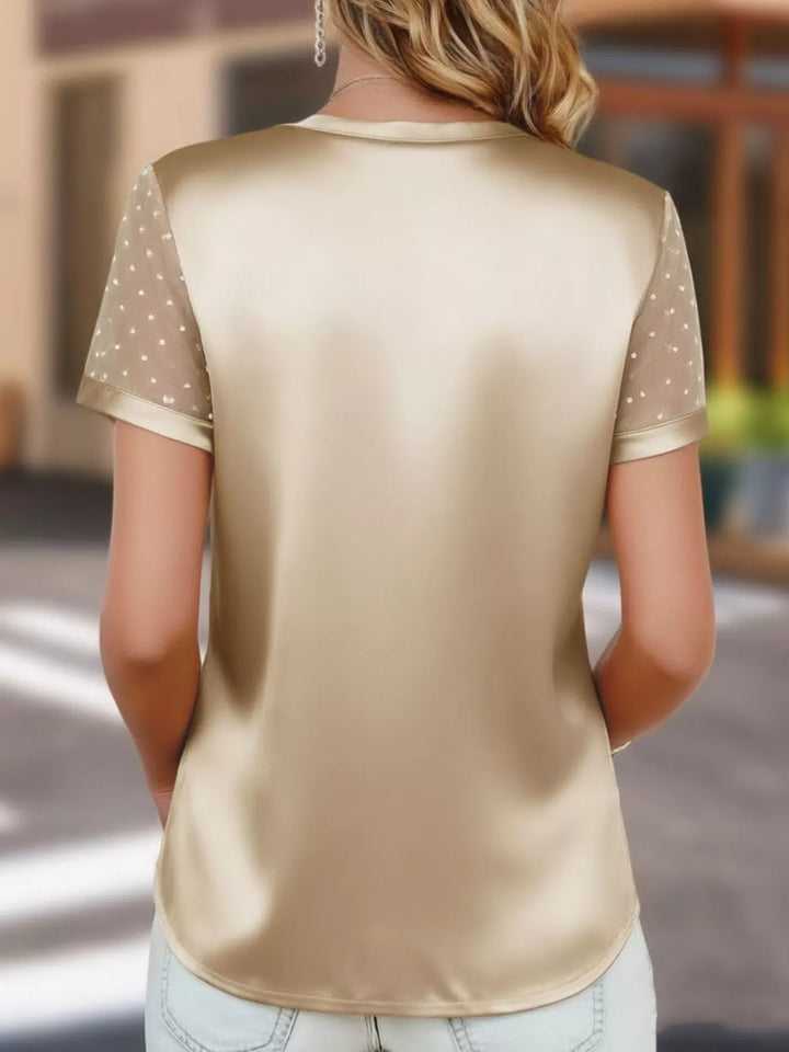 Satin v-neck top with sheer polka dot mesh sleeves
