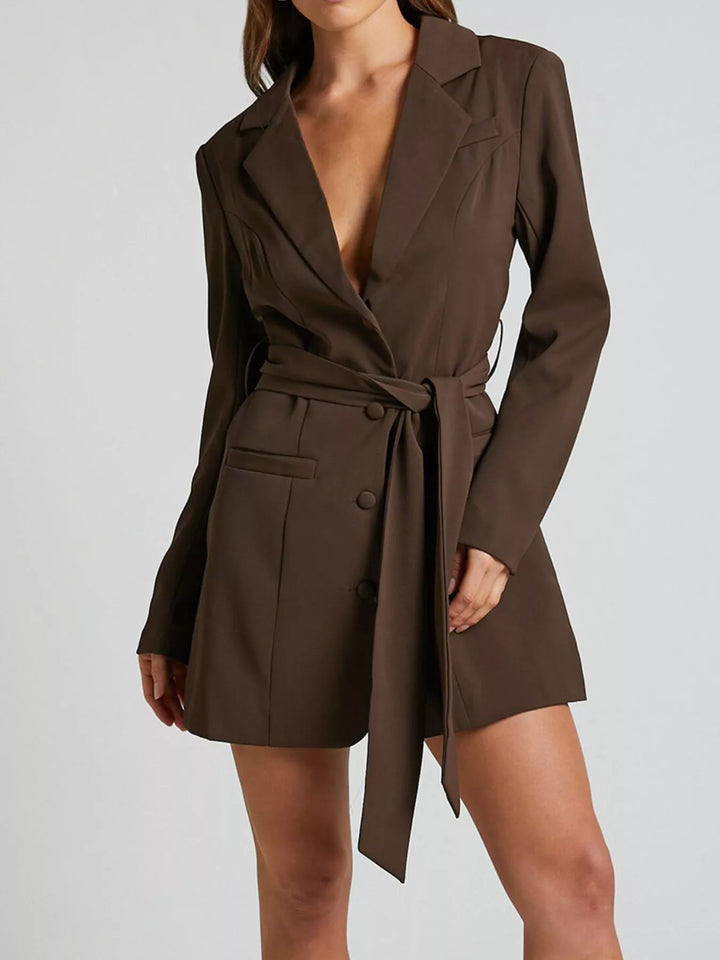 Tie-waist blazer dress with notch lapel and side slit