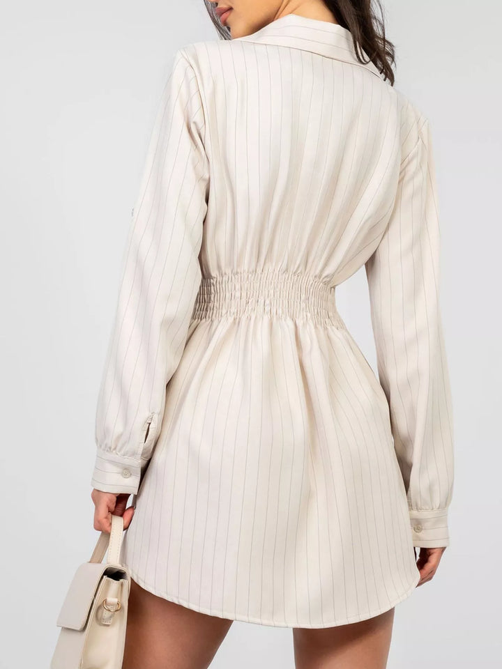 Pinstriped button-down mini shirt dress with ruched waist