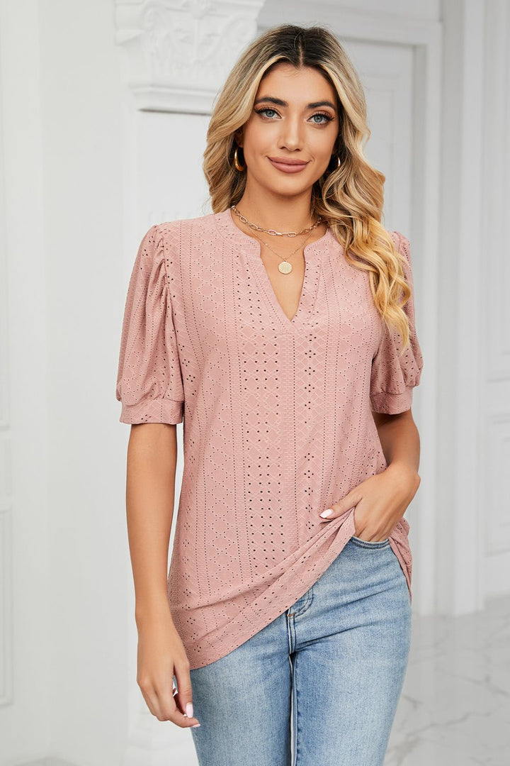 Mauve Eyelet puff sleeve top with notched V-neck