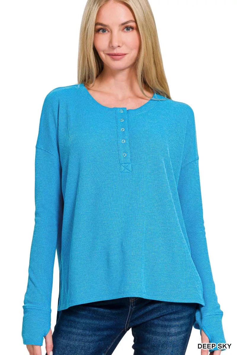 Waffle knit henley tee with thumb-hole cuffs