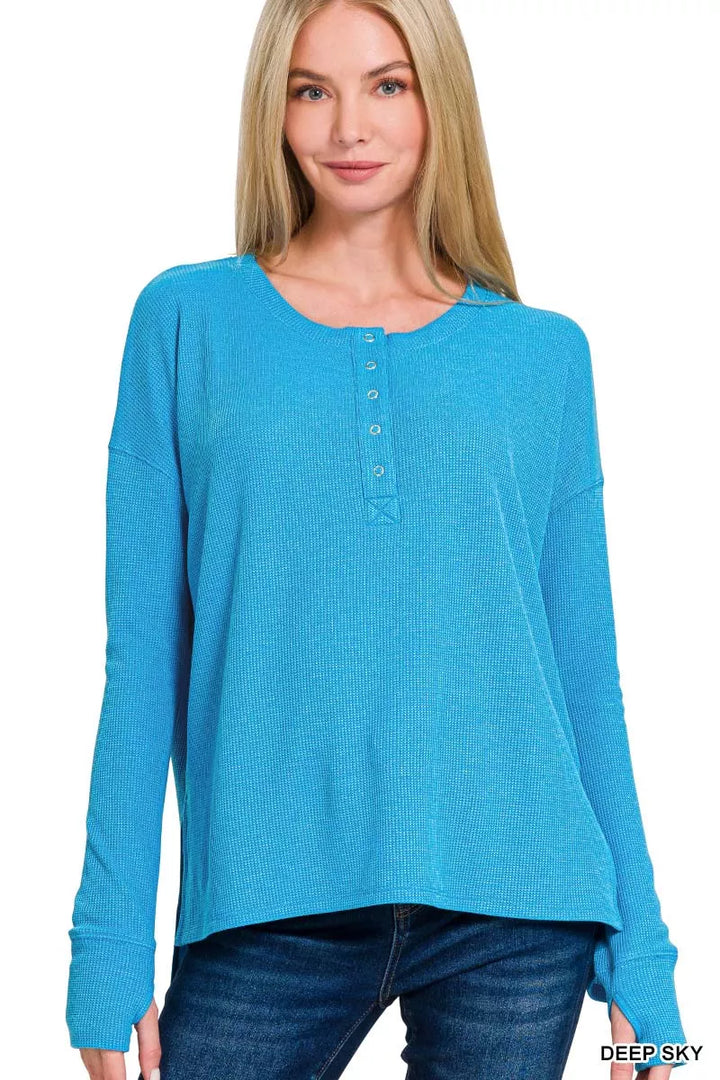 Waffle knit henley tee with thumb-hole cuffs