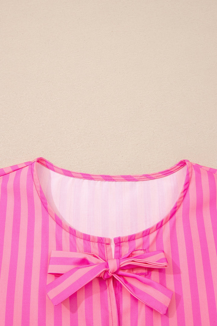Striped puff sleeve mini dress with triple bow front