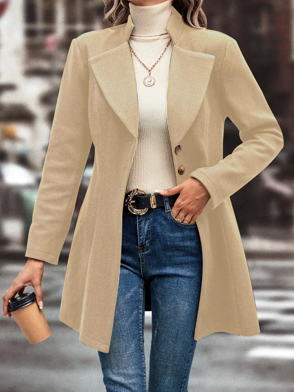 Button-front longline coat with notched lapel and flared hem