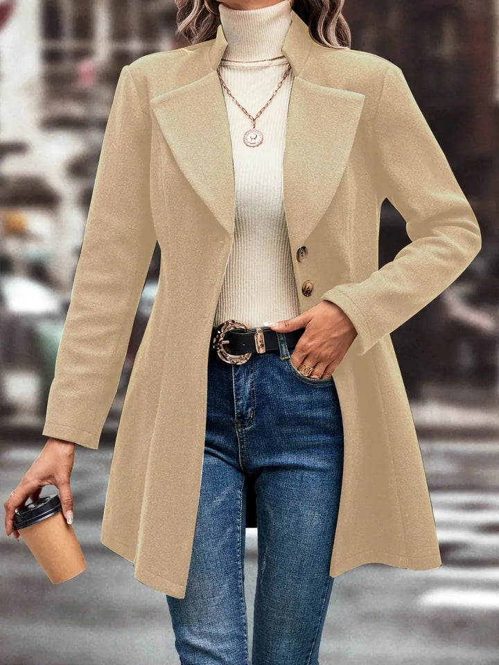 Button-front longline coat with notched lapel and flared hem