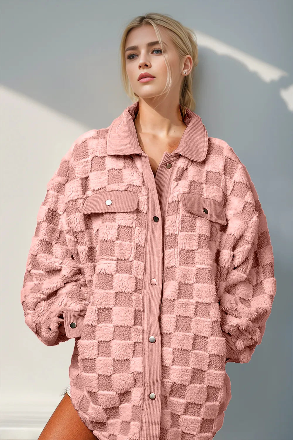 Dusty Pink Fuzzy checkered snap-button shacket with corduroy trim