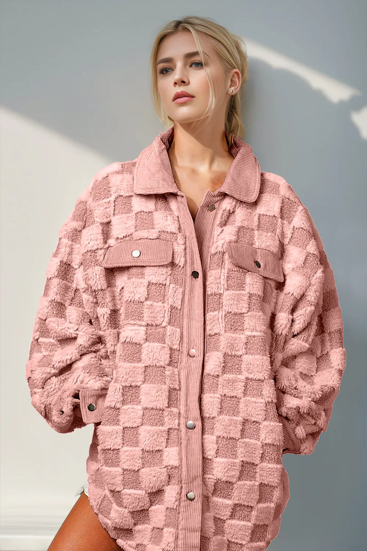 Dusty Pink Fuzzy checkered snap-button shacket with corduroy trim