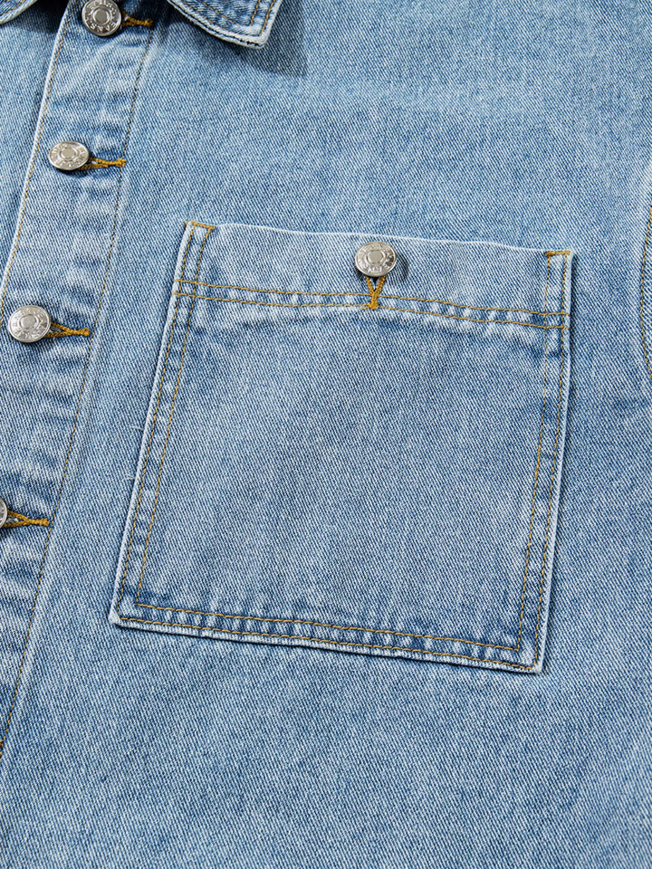 Oversized denim jacket with patch pockets and side ties