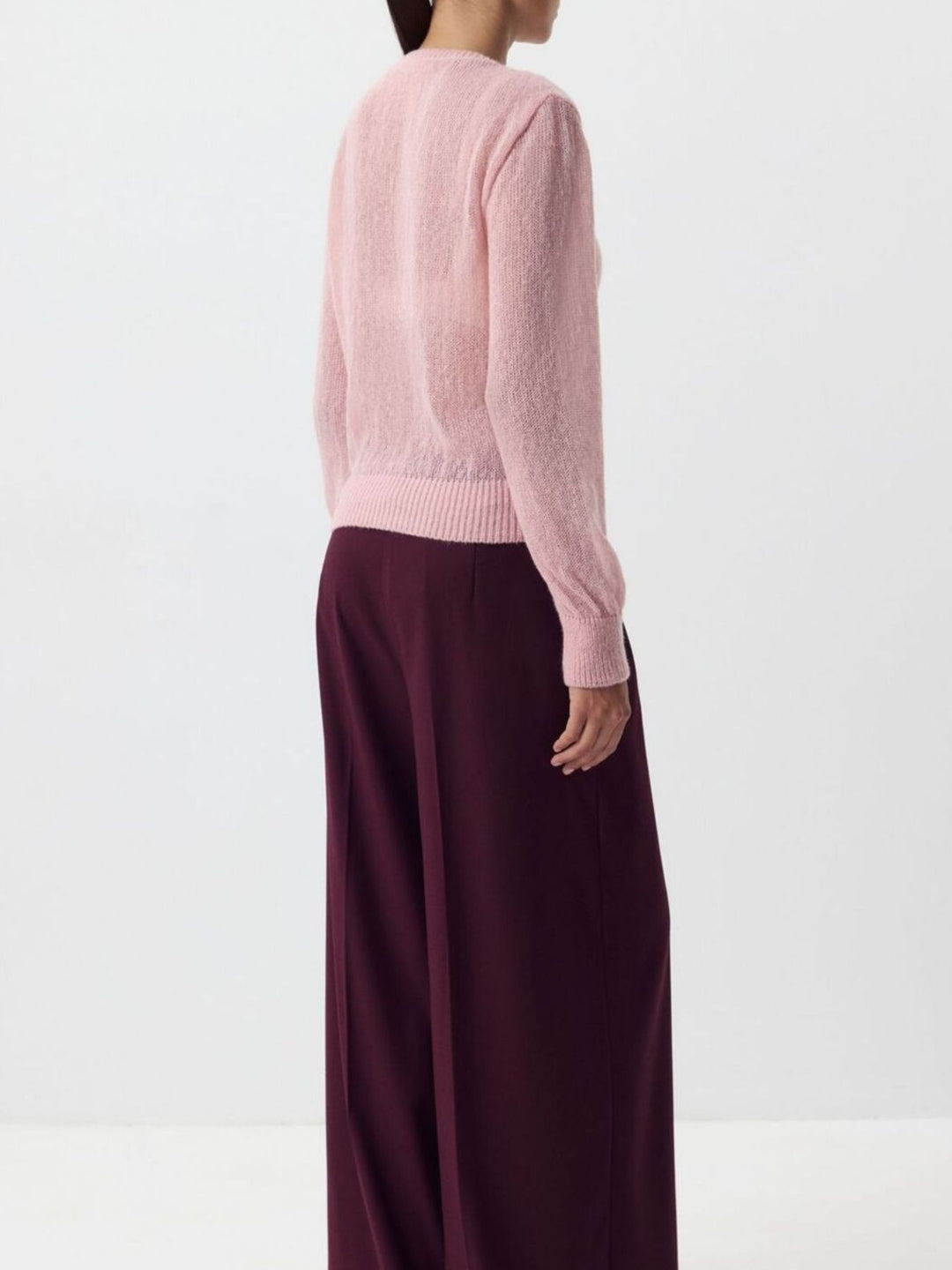 Sheer open-knit button-front cardigan with long sleeves