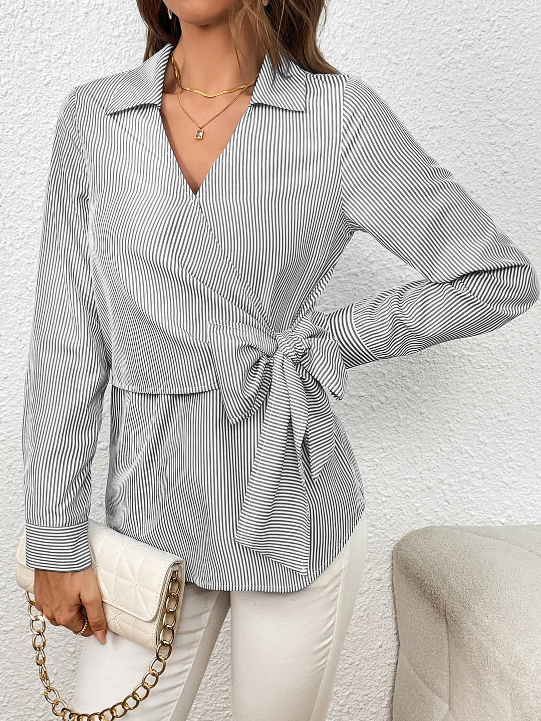 Striped wrap blouse with bow tie waist and Johnny collar