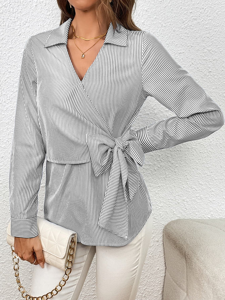 Striped wrap blouse with bow tie waist and Johnny collar
