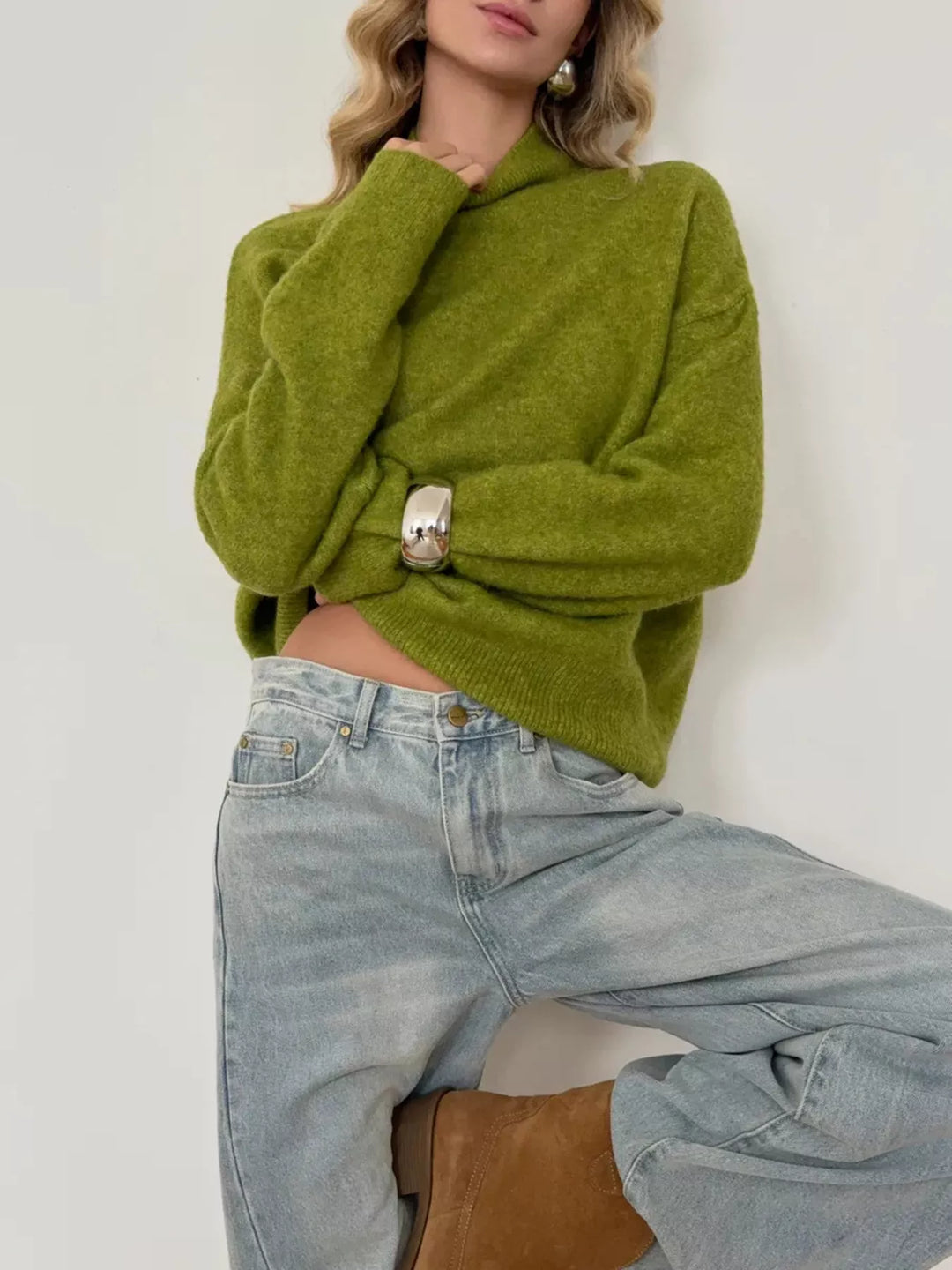 Ribbed mock neck dropped shoulder knit sweater
