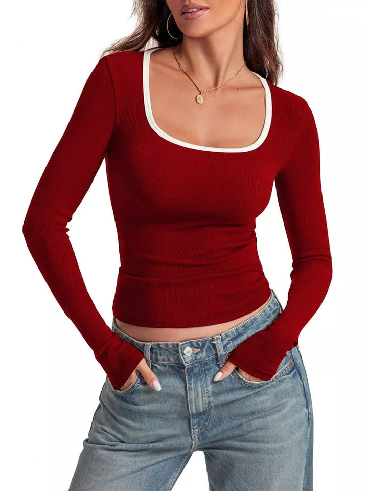 Ribbed contrast-trim square neck long sleeve top