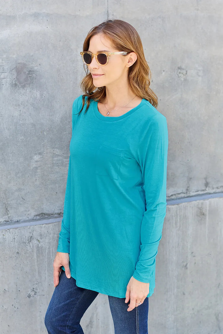 Long sleeve round neck tunic top with chest pocket