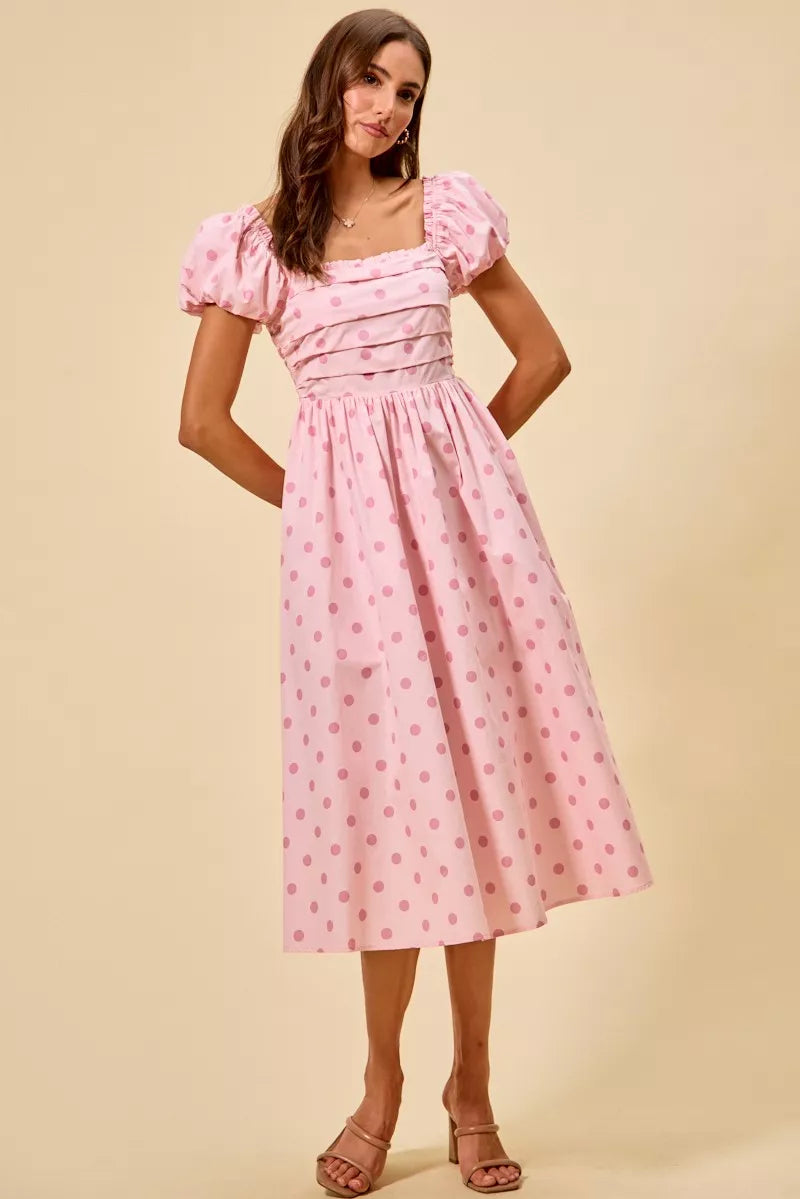 Polka dot puff sleeve midi dress with pleated bodice