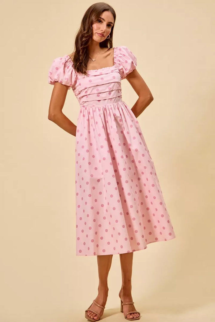 Polka dot puff sleeve midi dress with pleated bodice