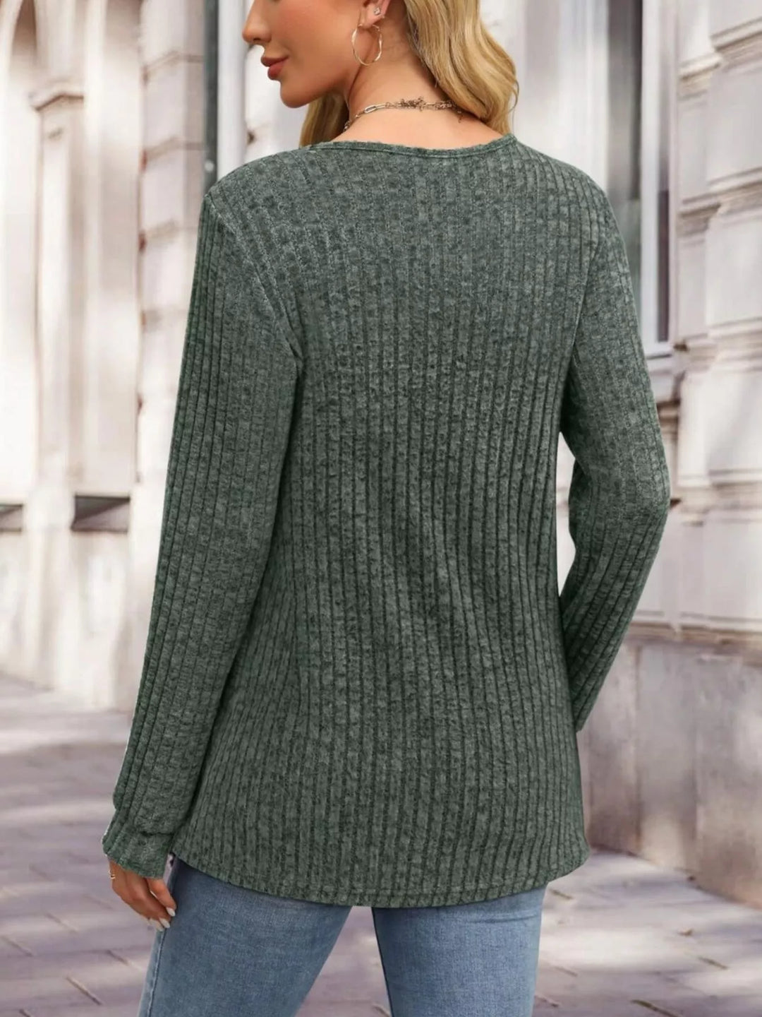 Ribbed knit button henley long sleeve top