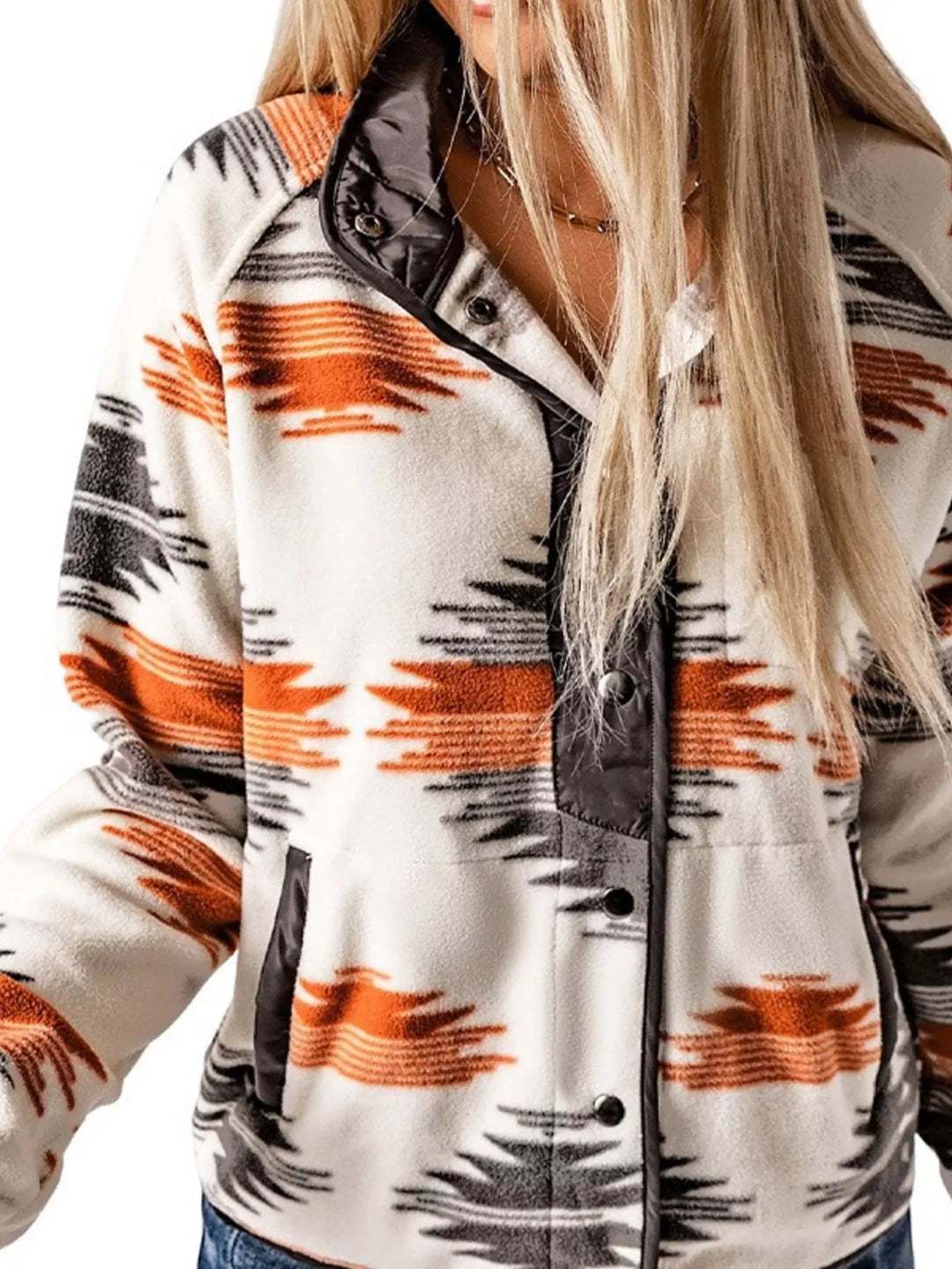 Aztec print fleece snap-front jacket with zip chest pocket