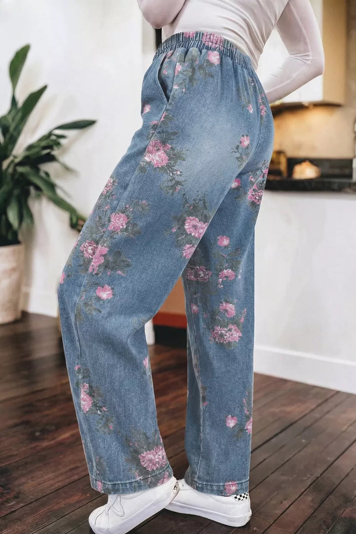 Floral print wide-leg elastic waist pull-on jeans