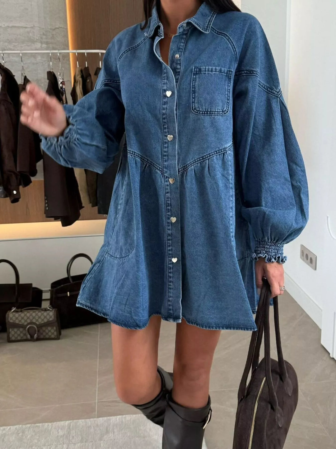 Button-down denim shirt dress with puff sleeves and pockets