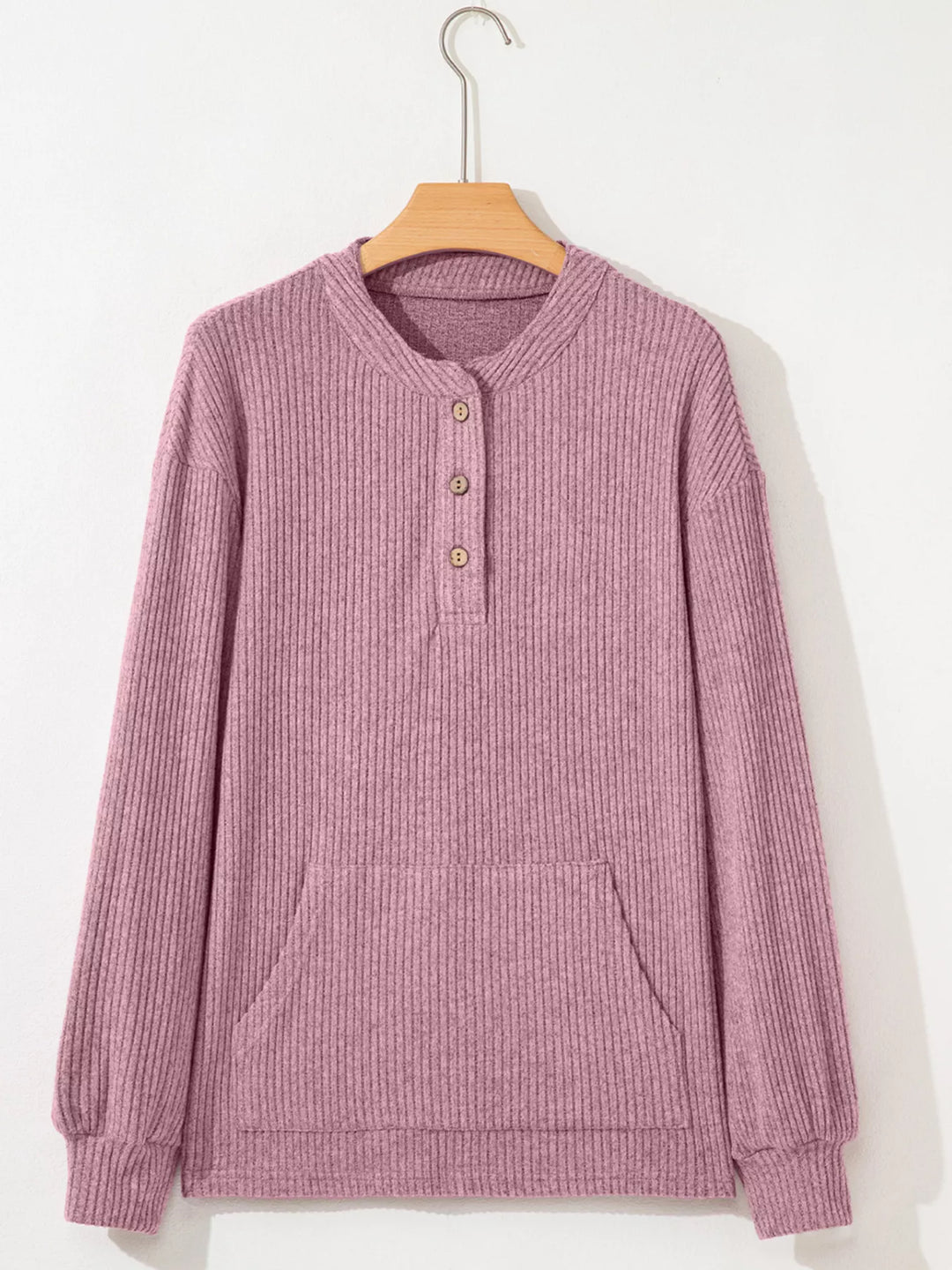 Ribbed drop-shoulder henley top with wood buttons