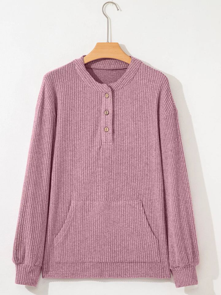 Ribbed drop-shoulder henley top with wood buttons