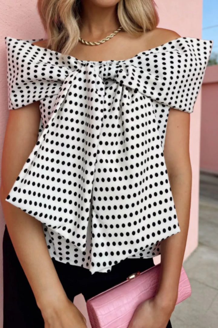 White Off-shoulder polka dot bow-front short sleeve blouse